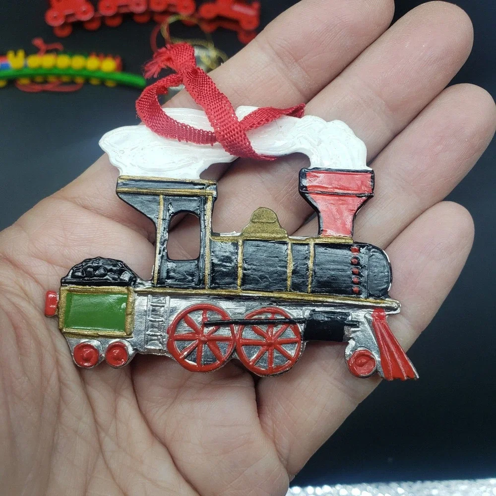 Lot of‎ 6 train Christmas ornaments including Wallace Silversmiths Enamel train